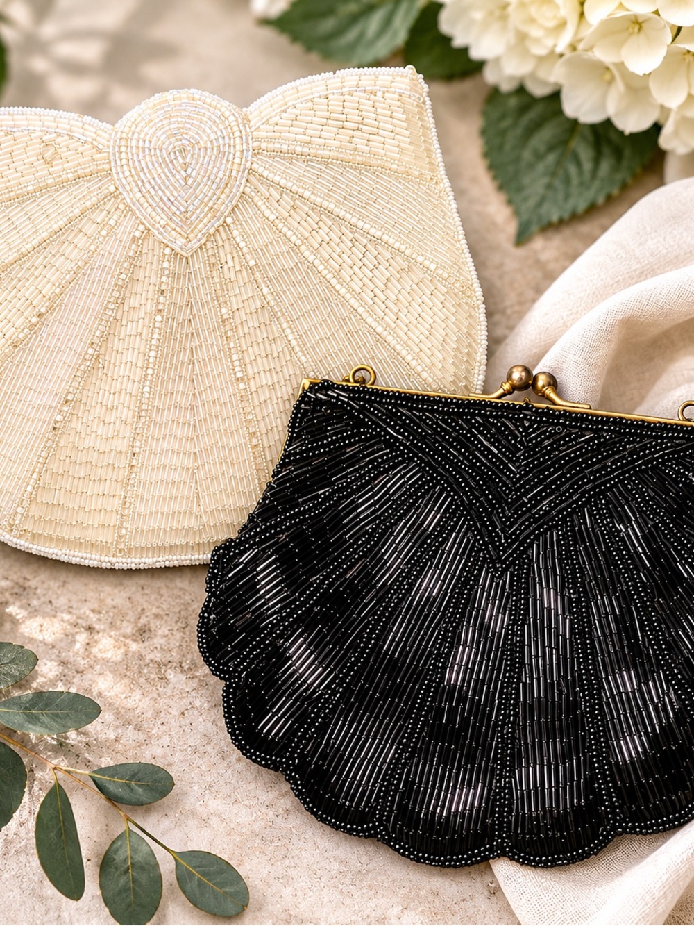 Vintage Regal Hand Beaded Evening Clutch Purse Bundle Black Ivory Art Deco Weddi
